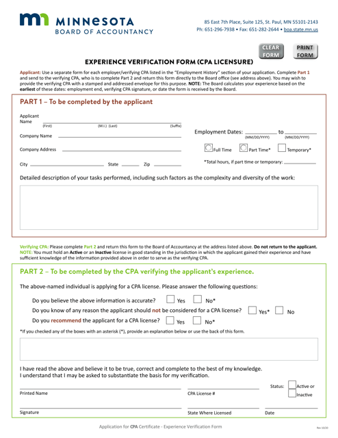 Experience Verification Form (CPA Licensure) - Minnesota