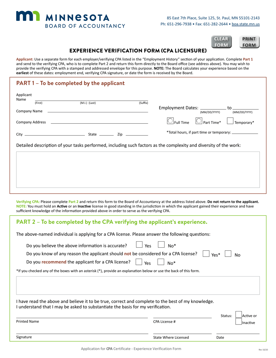Experience Verification Form (CPA Licensure) - Minnesota, Page 1