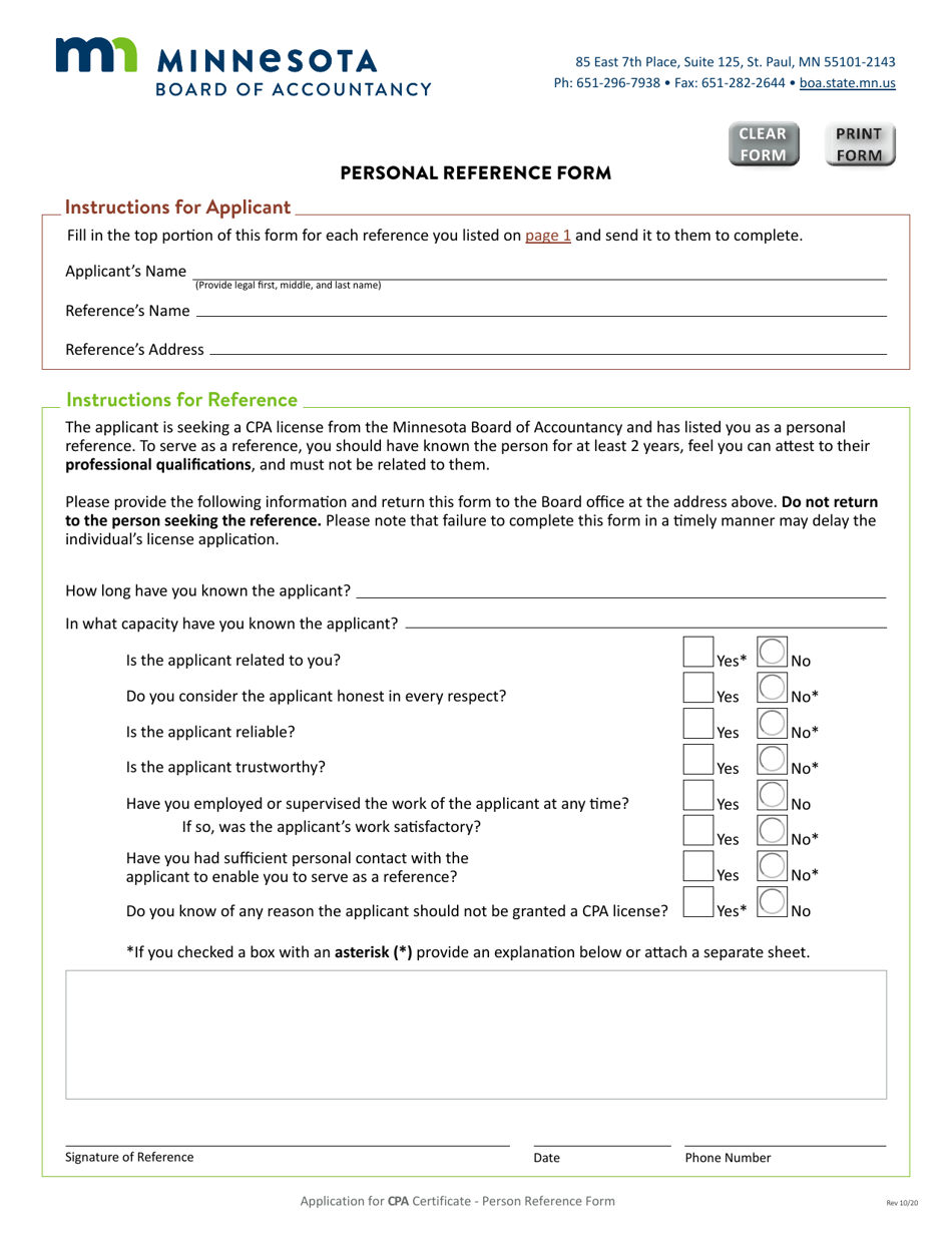 Minnesota Personal Reference Form Download Fillable PDF 2018 — 2024 ...