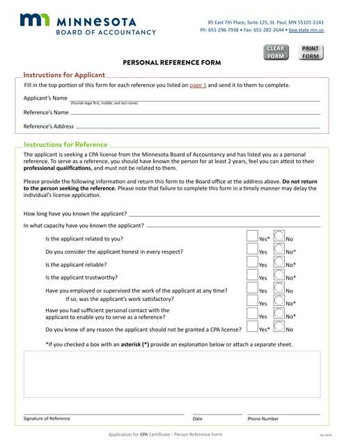 Personal Reference Form - Minnesota