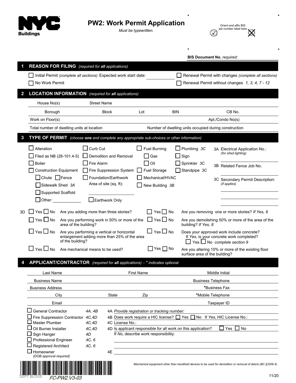 Form PW2 Work Permit Application - New York City, Page 1