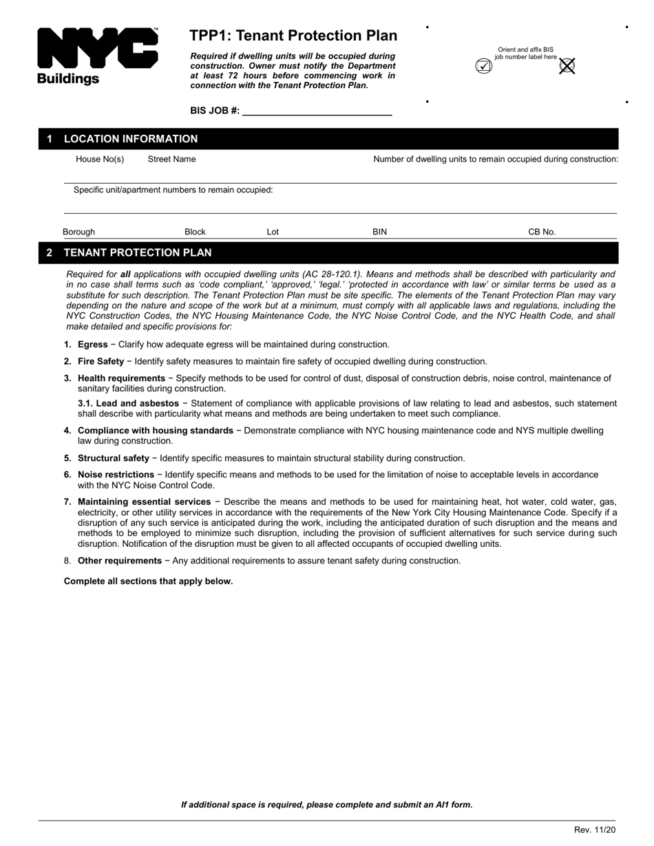 Form TPP1 Tenant Protection Plan - New York City, Page 1