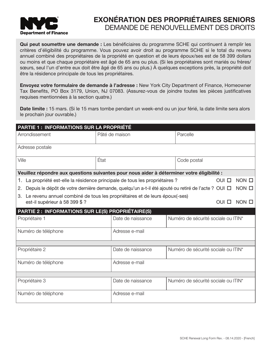 Senior Citizen Homeowners Exemption Renewal Application - New York City (French), Page 1