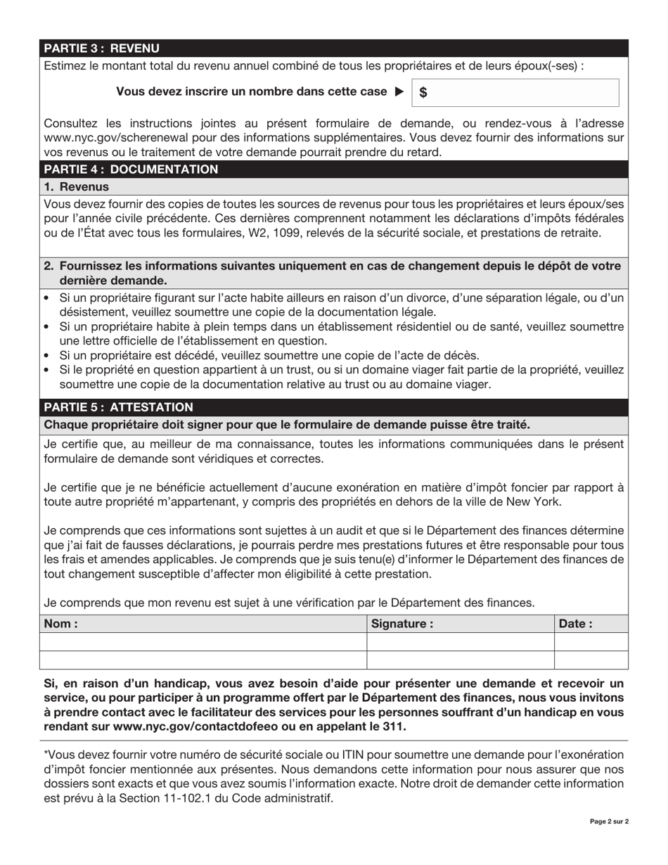 Senior Citizen Homeowners Exemption Renewal Application - New York City (French), Page 2