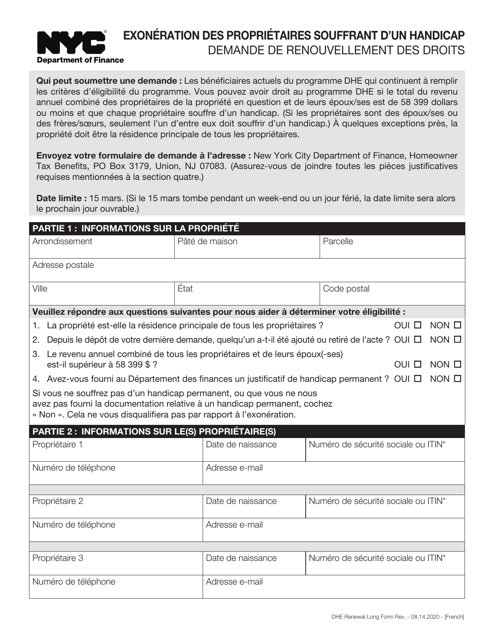 Disabled Homeowners' Exemption Renewal Application - New York City (French) Download Pdf