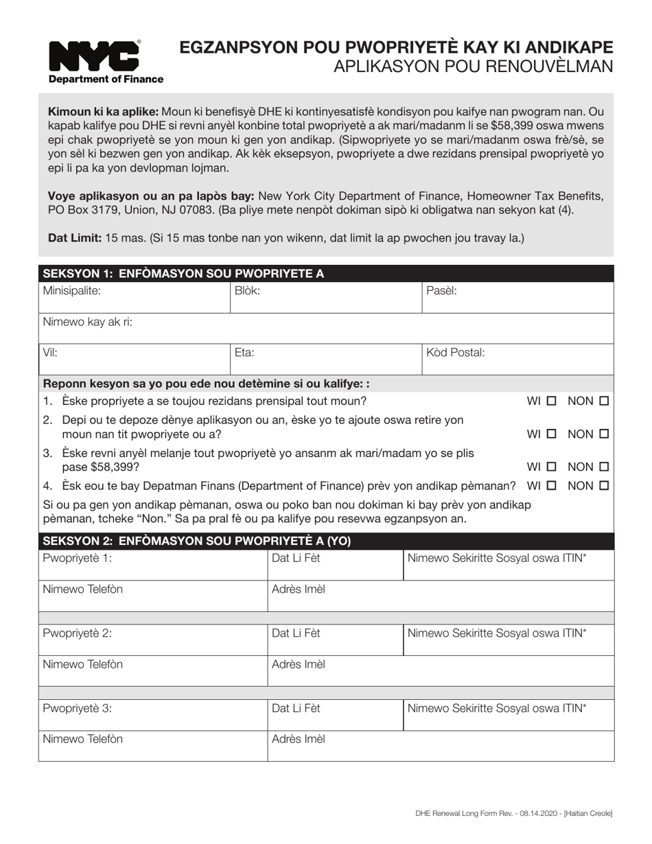 Disabled Homeowners Exemption Renewal Application - New York City (Haitian Creole), Page 1