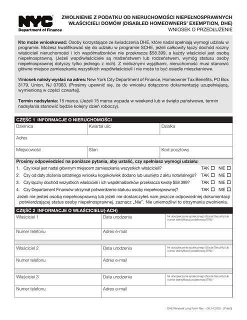 Disabled Homeowners' Exemption Renewal Application - New York City (Polish) Download Pdf