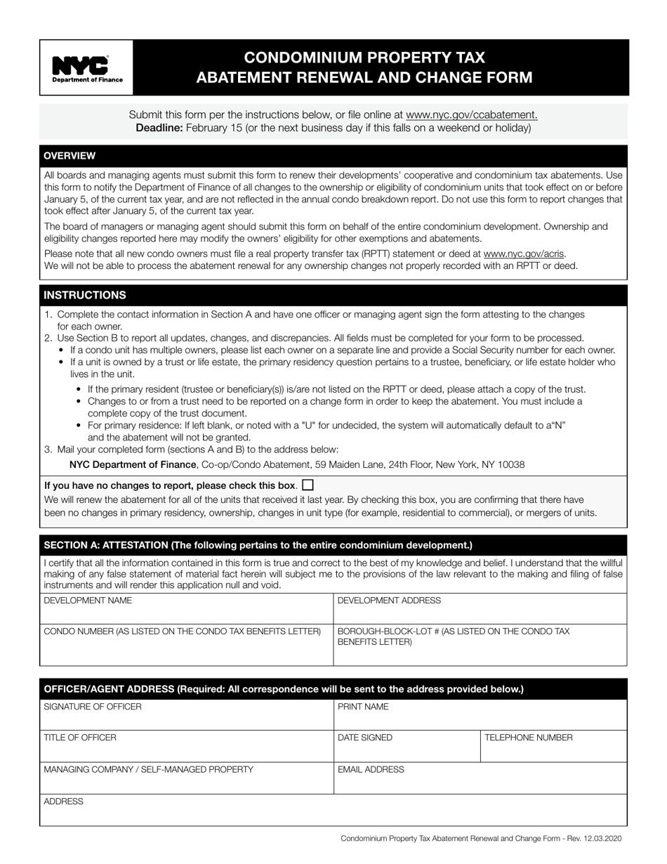 Condominium Property Tax Abatement Renewal and Change Form - New York City, Page 1