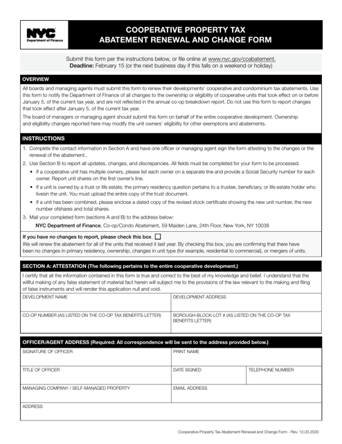 Cooperative Property Tax Abatement Renewal and Change Form - New York City Download Pdf