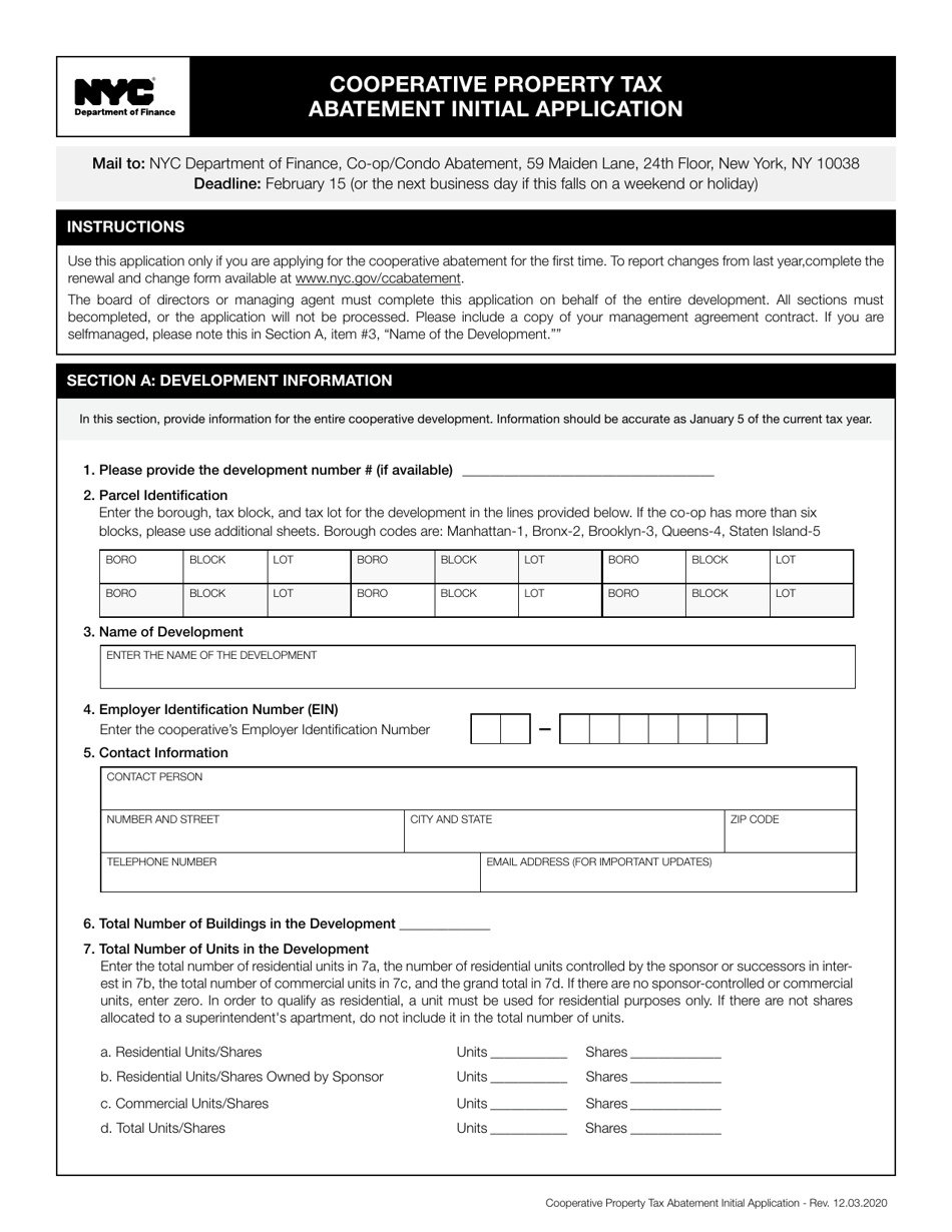 Cooperative Property Tax Abatement Initial Application - New York City, Page 1