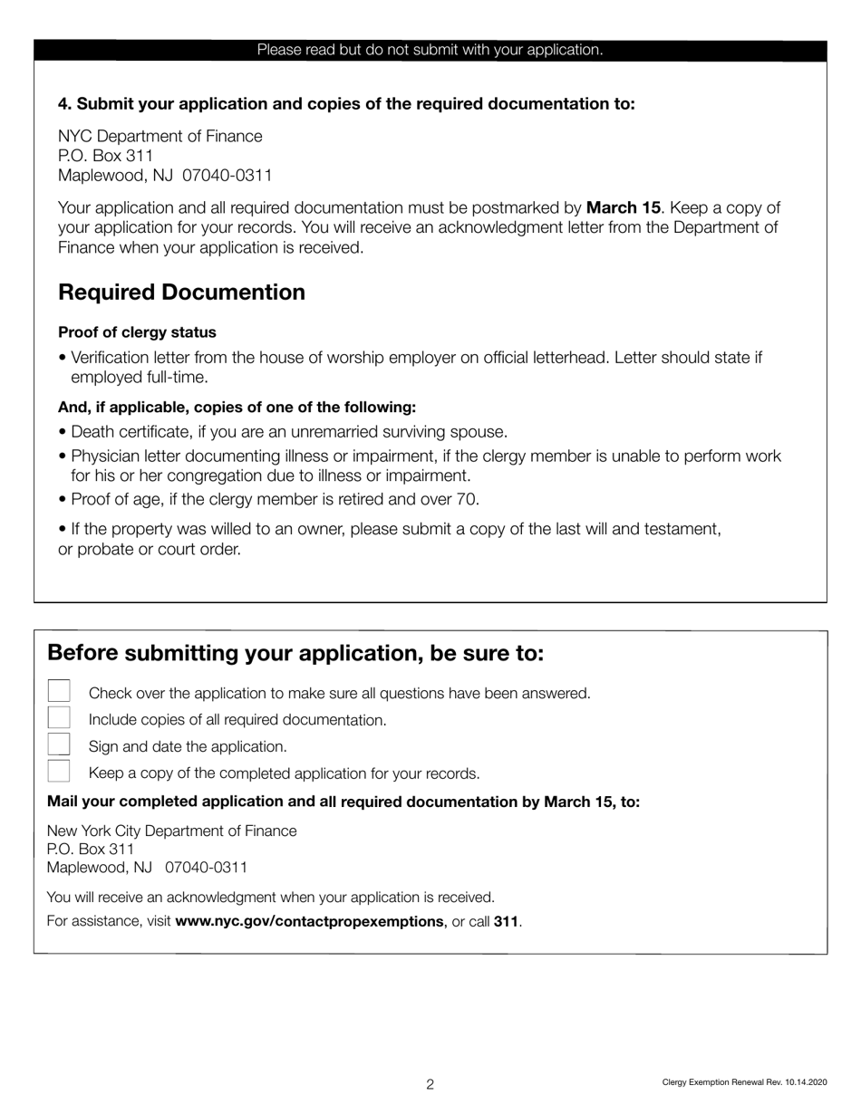 Clergy Exemption Renewal Application - New York City, Page 2