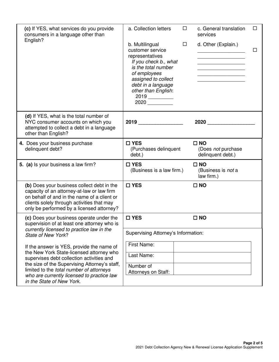 Debt Collection Agency - New  Renewal License Application Supplement - New York City, Page 2