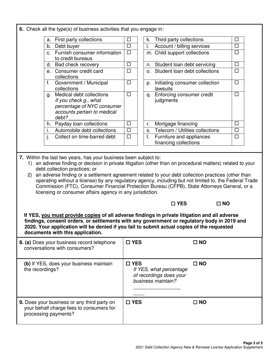 Debt Collection Agency - New  Renewal License Application Supplement - New York City, Page 3