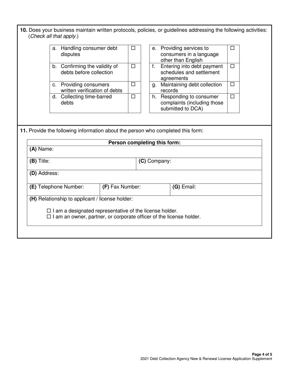 Debt Collection Agency - New  Renewal License Application Supplement - New York City, Page 4