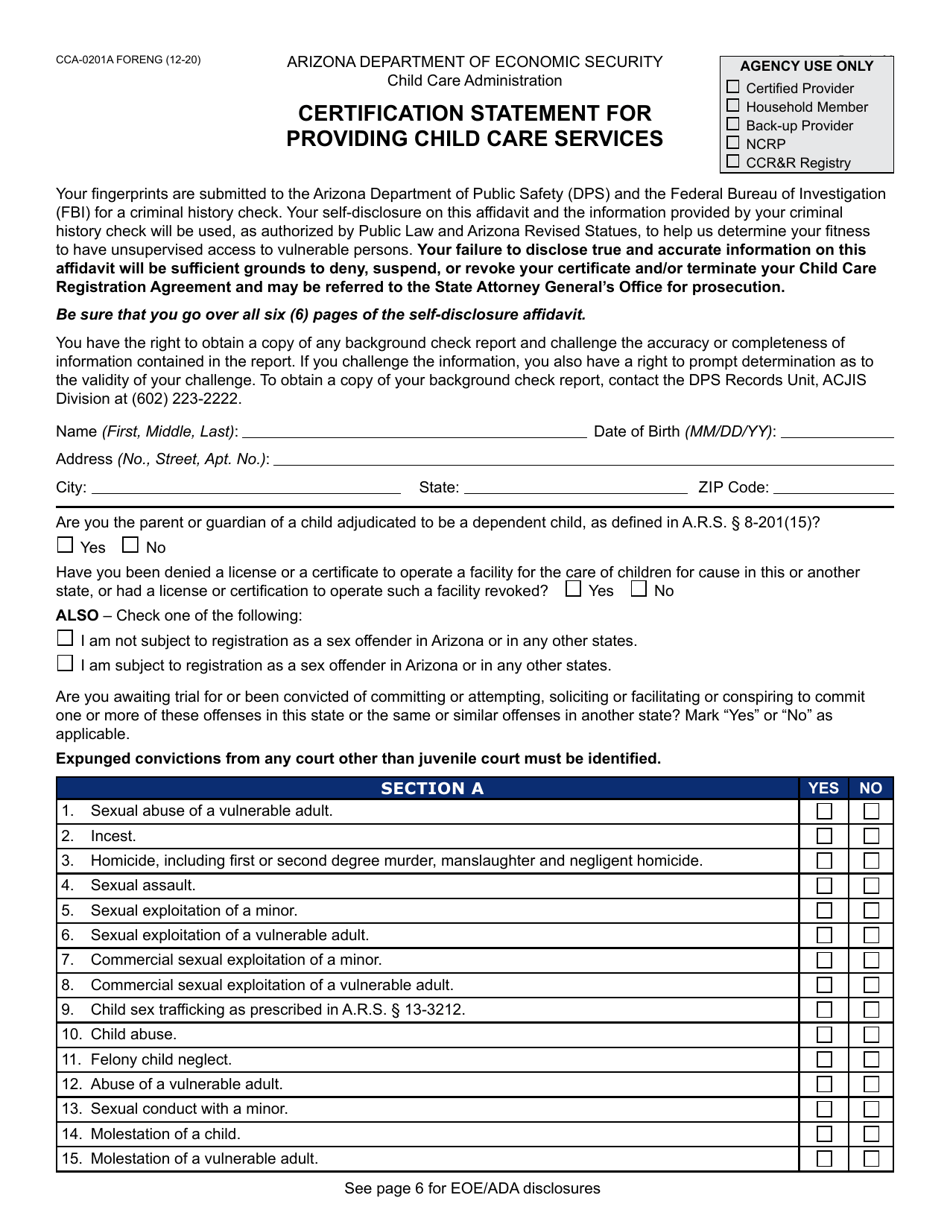 Form CCA0201A Download Fillable PDF or Fill Online Certification
