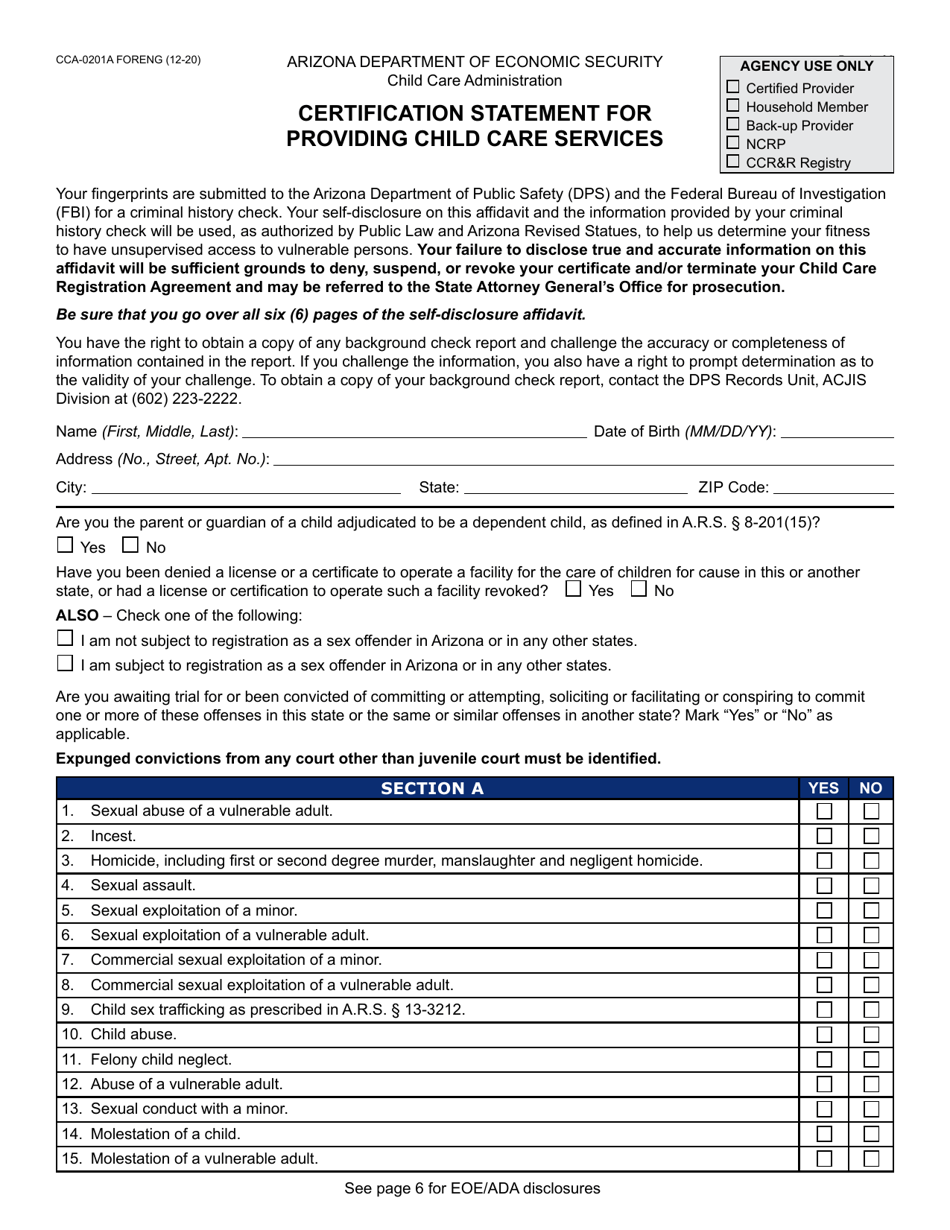 Form CCA-0201A Certification Statement for Providing Child Care Services - Arizona, Page 1