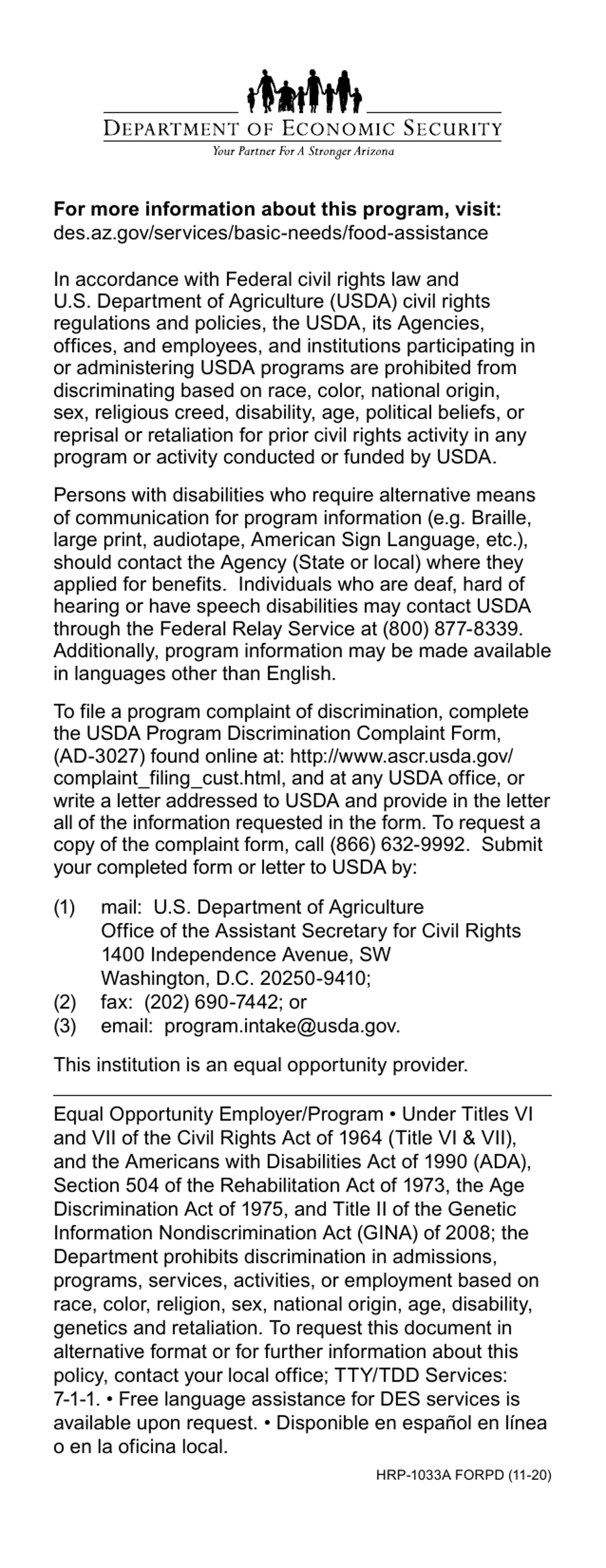 Form HRP-1033A Commodity Senior Food Program (Csfp) Id / Transfer Card - Arizona, Page 2