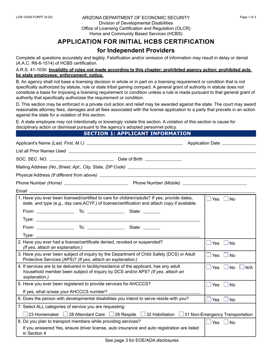 Form LCR-1025A Application for Initial Hcbs Certification - Arizona, Page 1
