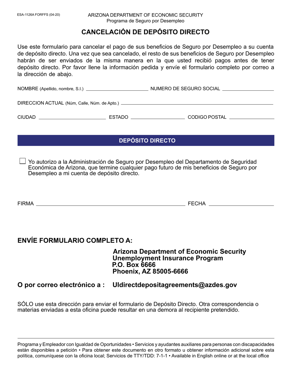Formulario ESA-1126A-S Cancelacion De Deposito Directo - Arizona (Spanish), Page 1
