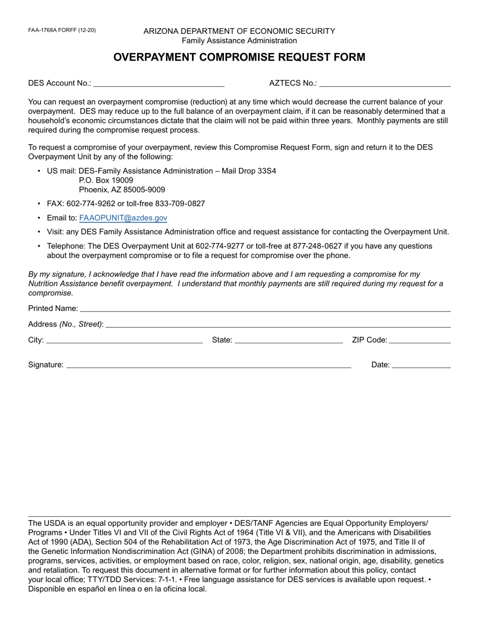 Form FAA-1768A Overpayment Compromise Request Form - Arizona, Page 1