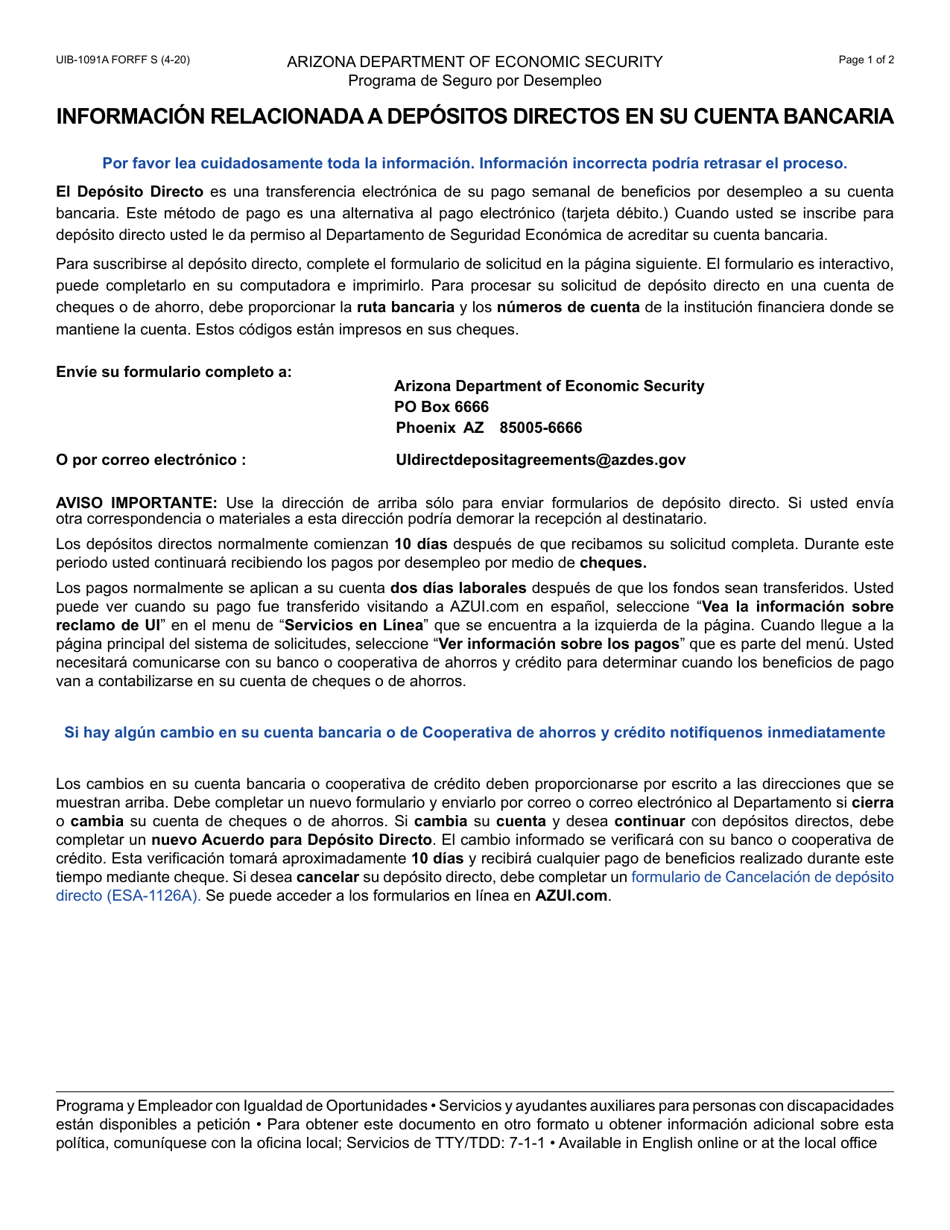 Formulario UIB-1091A-S Acuerdo De Deposito Directo - Arizona (Spanish), Page 1