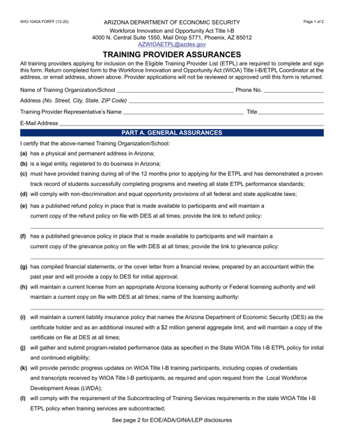 Form WIO-1040A  Printable Pdf