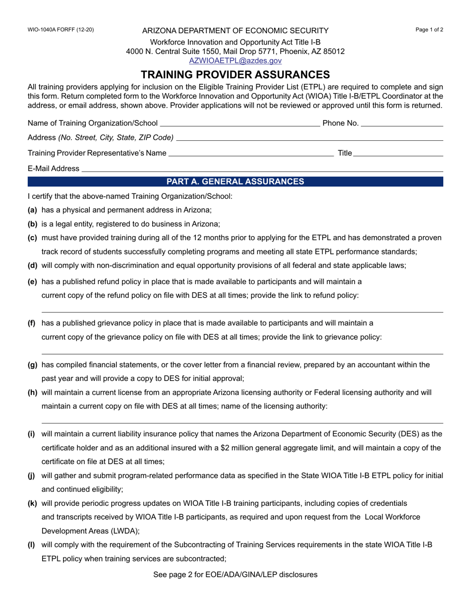 Form WIO-1040A Training Provider Assurances - Arizona, Page 1