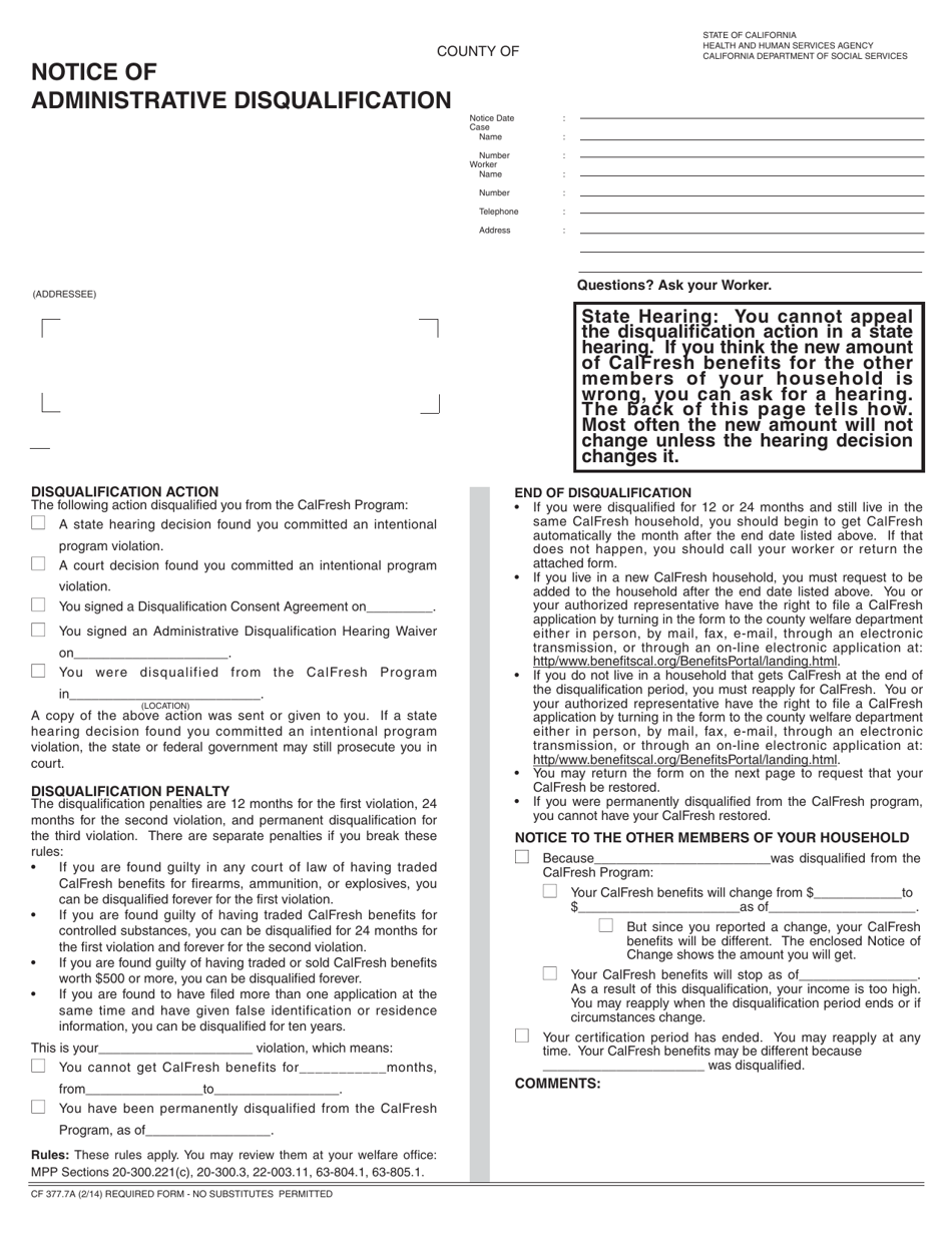 Form CF377.7A Notice of Administrative Disqualification - California, Page 1
