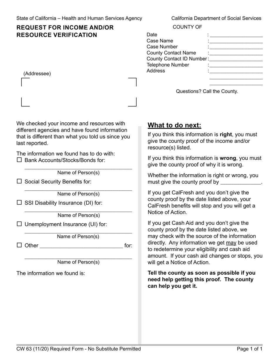 Form CW63 Request for Income and / or Resource Verification - California, Page 1