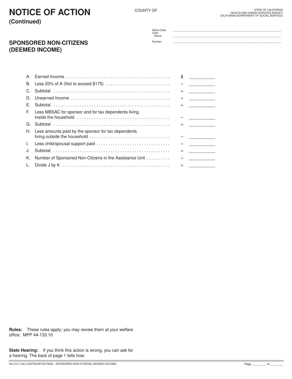 Form NA215 Continuation Page, Sponsored Non Citizens (Deemed Income) - California, Page 1