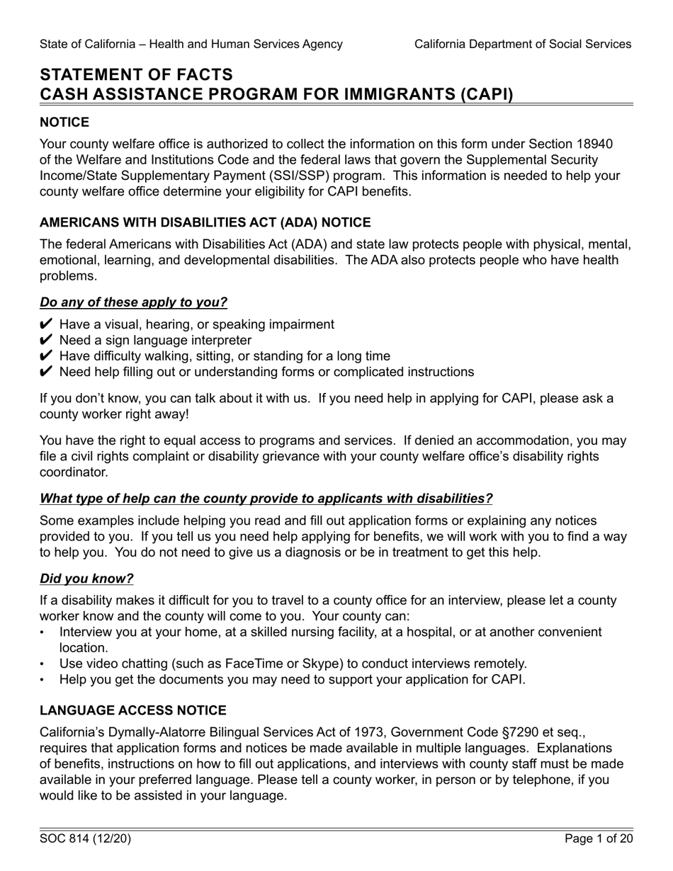 Form SOC814 Download Fillable PDF or Fill Online Statement of Facts