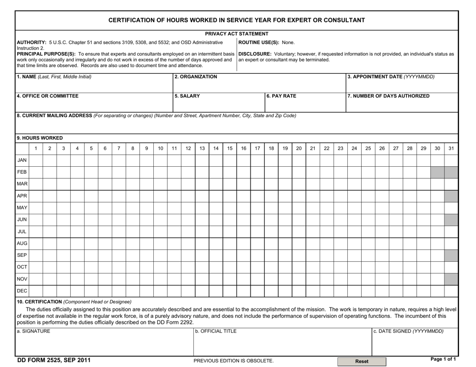 DD Form 2525 Certification of Hours Worked in Service Year for Expert or Consultant, Page 1