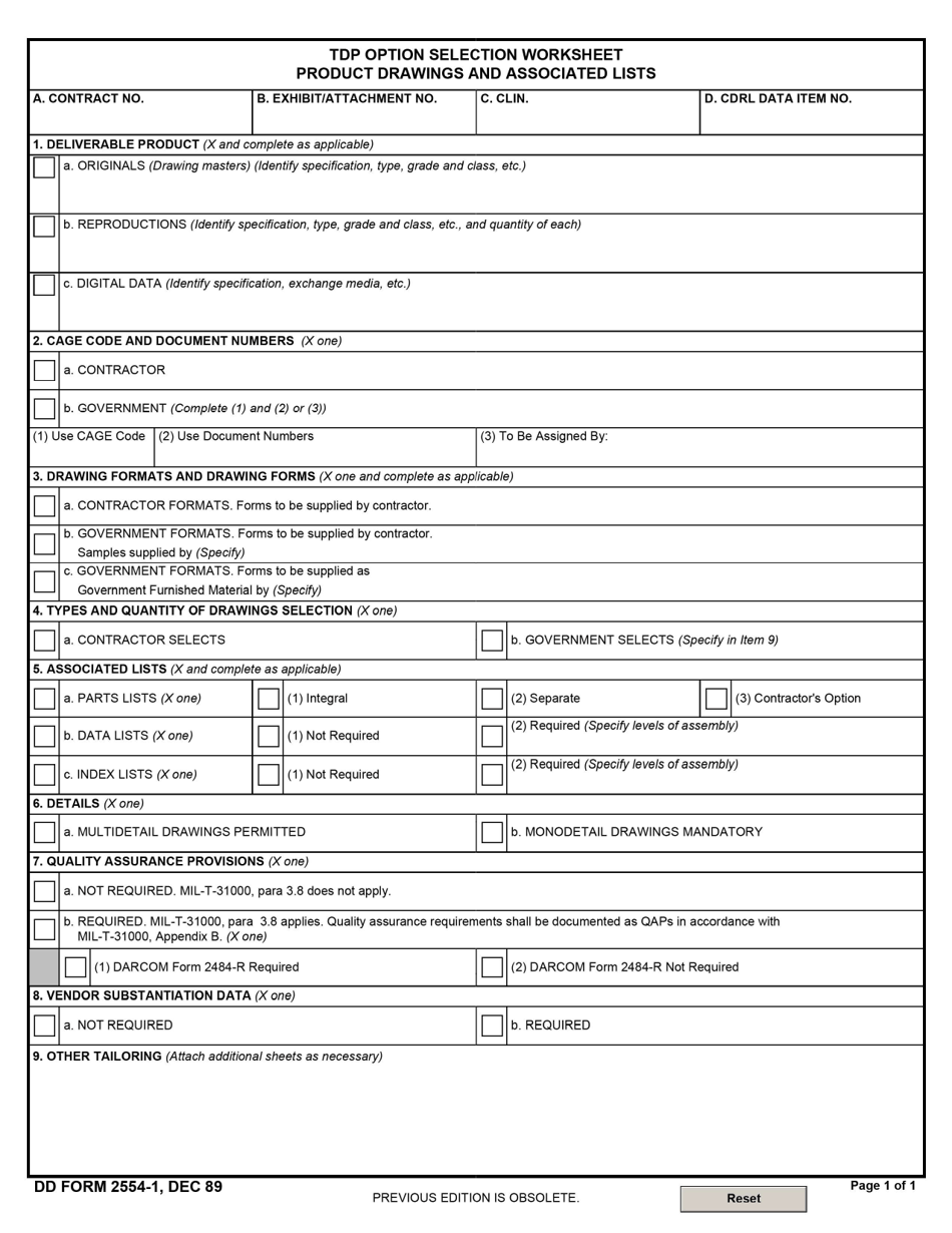 DD Form 2554-1 Product Drawings and Associated Lists, Page 1