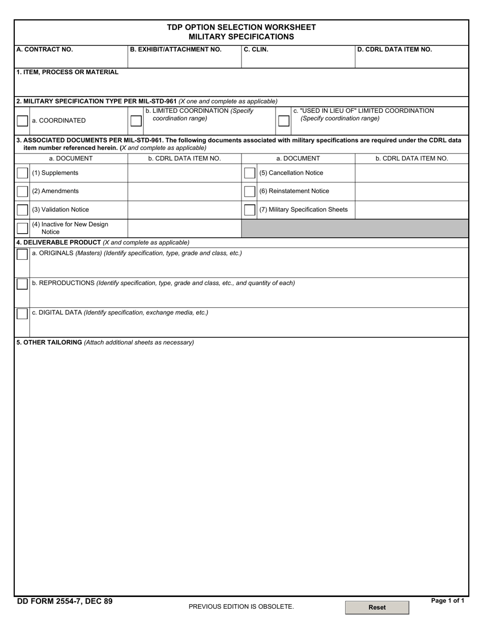 DD Form 2554-7 Tdp Option Selection Worksheet - Military Specifications, Page 1