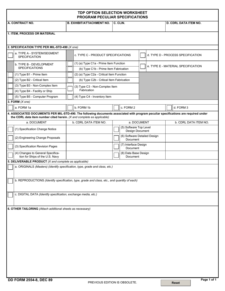 DD Form 2554-8 Tdp Option Selection Worksheet - Program Peculiar Specifications, Page 1