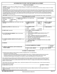 Document preview: DD Form 2558 Authorization to Start, Stop, or Change an Allotment