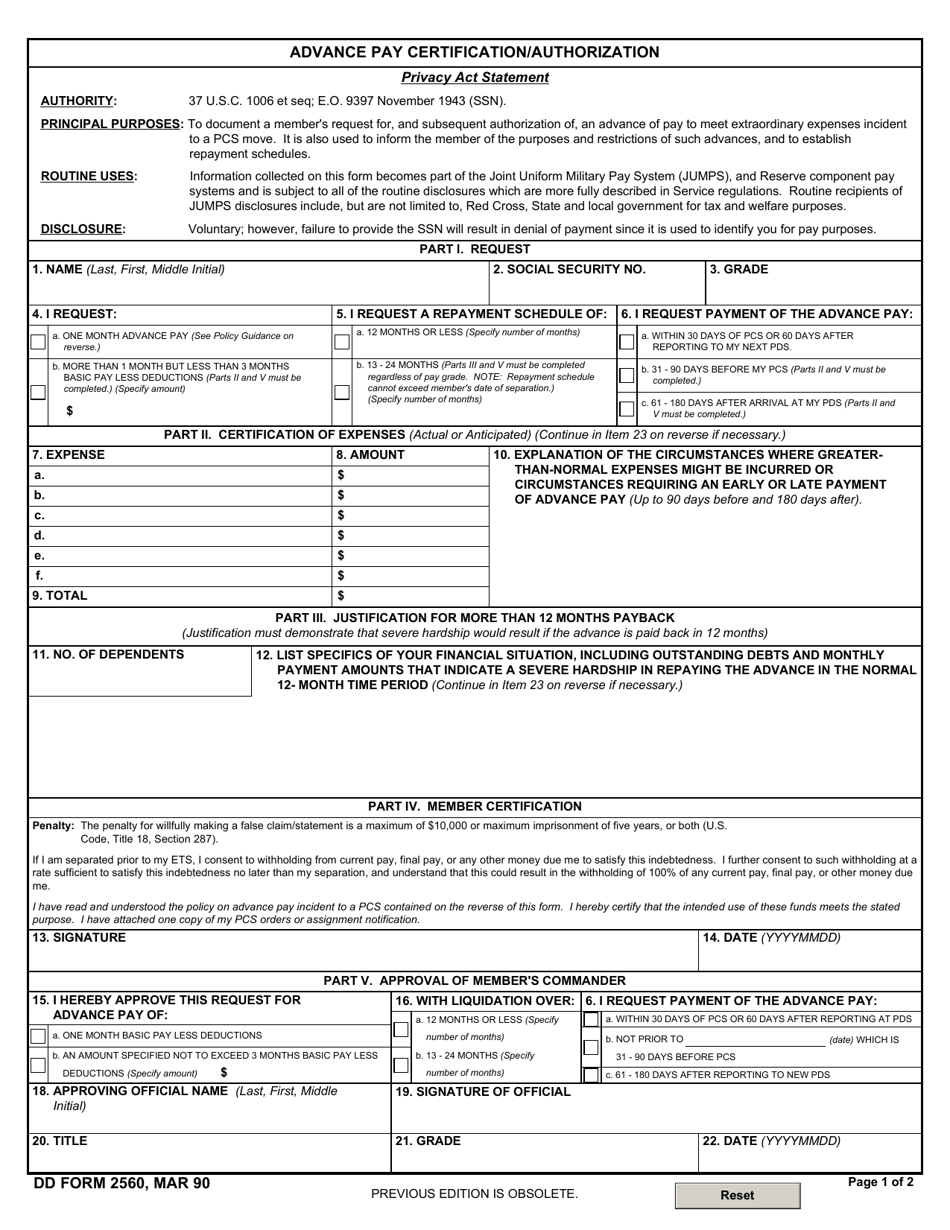 DD Form 2560 Advance Pay Certification / Authorization, Page 1