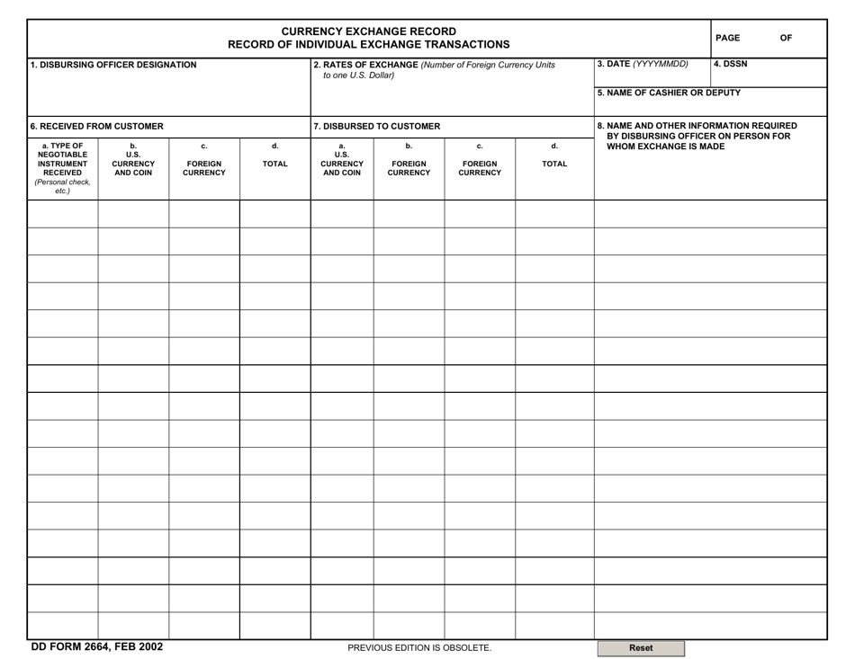 DD Form 2664 Currency Exchange Record - Record of Individual Exchange Transactions, Page 1