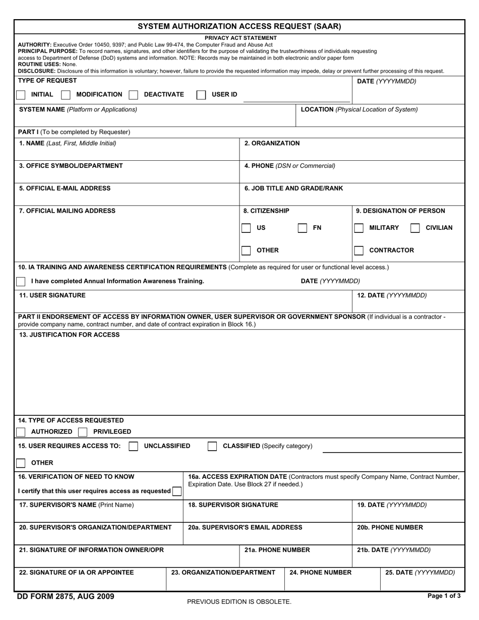 DD Form 2875 System Authorization Access Request (Saar), Page 1