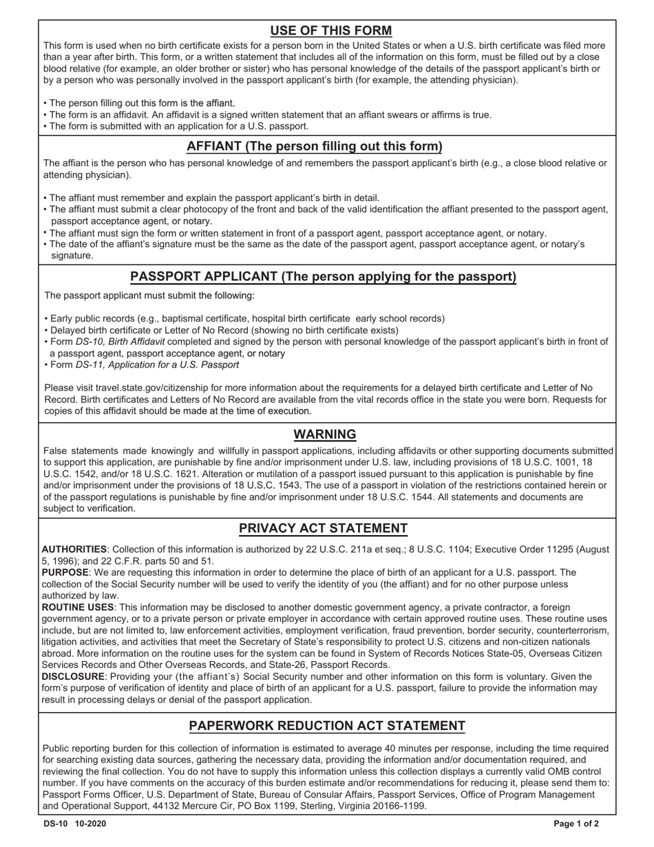 Form Ds 10 Download Fillable Pdf Or Fill Online Birth Affidavit 2017 — 2024 Templateroller 6437