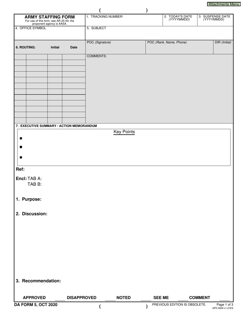 DA Form 5 Army Staffing Form, Page 1