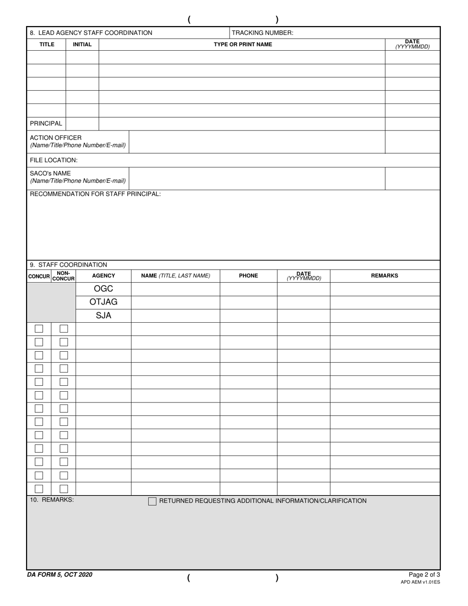 DA Form 5 Download Fillable PDF or Fill Online Army Staffing Form 2012 ...