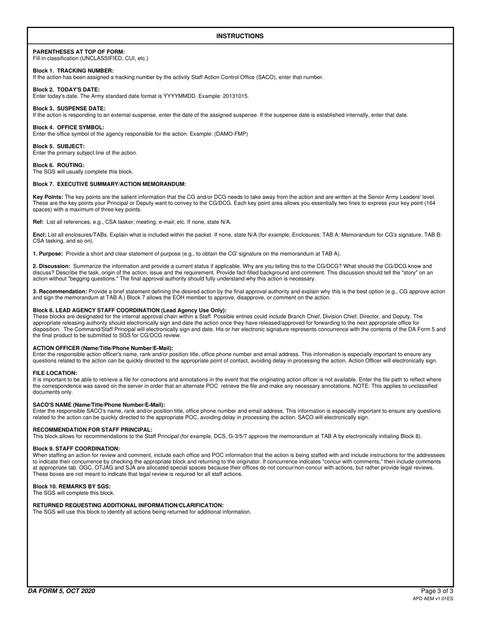 DA Form 5 Army Staffing Form, Page 3