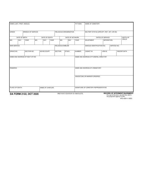 DA Form 2122  Printable Pdf