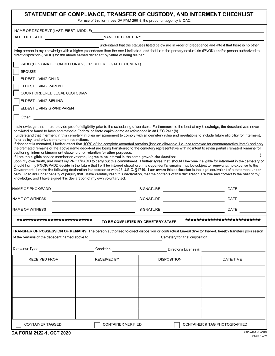 DA Form 2122-1 Statement of Compliance, Transfer of Custody, and Interment Checklist, Page 1