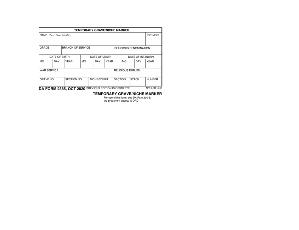 DA Form 2385 Temporary Grave / Niche Marker, Page 1