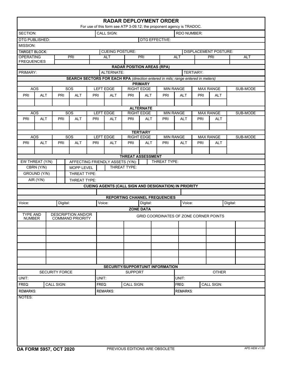 DA Form 5957 Radar Deployment Order, Page 1