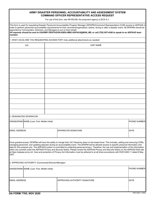 DA Form 7765  Printable Pdf