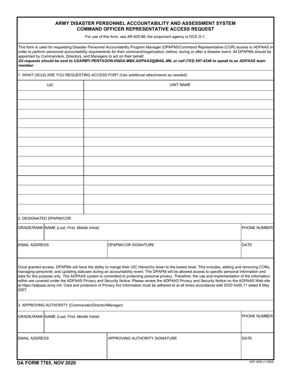 DA Form 7765 Army Disaster Personnel Accountability and Assessment System Command Officer Representative Access Request, Page 1