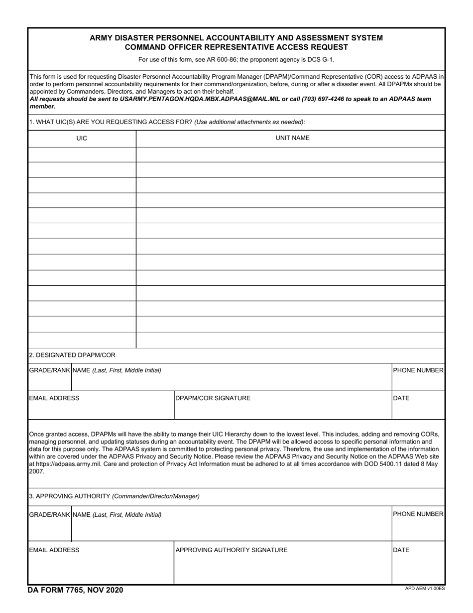 DA Form 7765 Download Fillable PDF or Fill Online Army Disaster Personnel Accountability and Assessment System Command Officer Representative Access Request | Templateroller